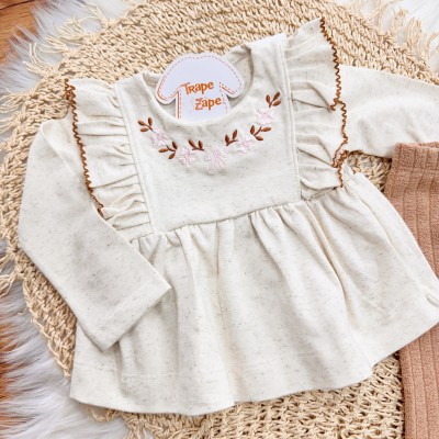 Conj. Batinha de Linho com Flores Bordadas e Calça Legging - Areia e Marrom